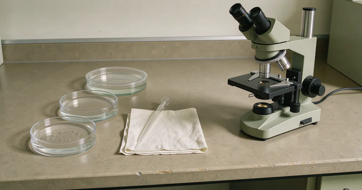 Shallow culture dishes beside an inverted microscope on a putty-coloured laboratory bench