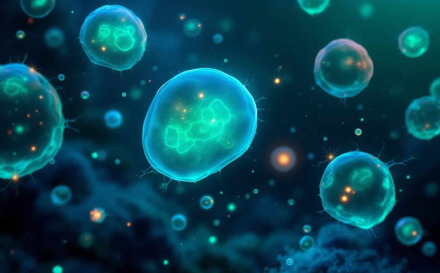 Bioluminescent deep-sea scene of soft glowing jade and teal cell-membrane blobs connected by branching fibril growth lines on a deep blue-green ground, with one faint coral cell as the single warm accent
