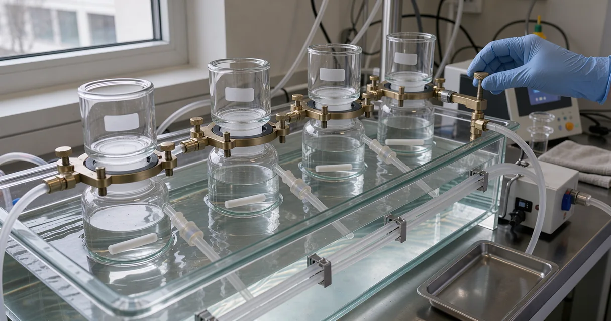 Glass diffusion cells held in a water bath while a gloved technician adjusts the apparatus