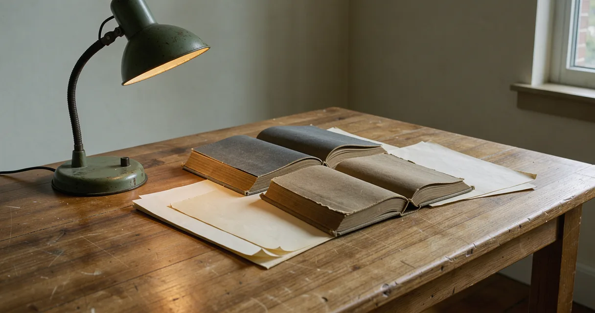 Open research volumes and loose blank sheets laid out beneath a green reading-room lamp